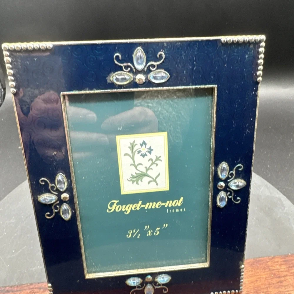 Vintage Forget Me Not Blue Jeweled Frame 3.5x5 Boho Coastal Coconut Girl EUC